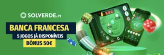 Promoção da Solverde.pt com destaque para Banca Francesa, 5 jogos disponíveis e oferta de bônus de 50€, com imagens de dados e dispositivos móveis